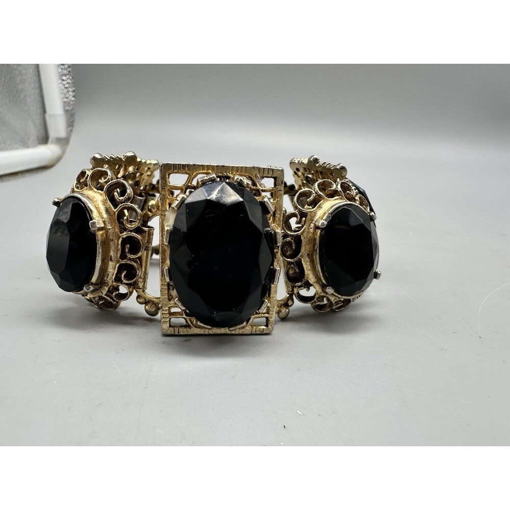 Vintage Chunky Large Black Faceted Glass Rhinestone Book Chain 7” Bracelet